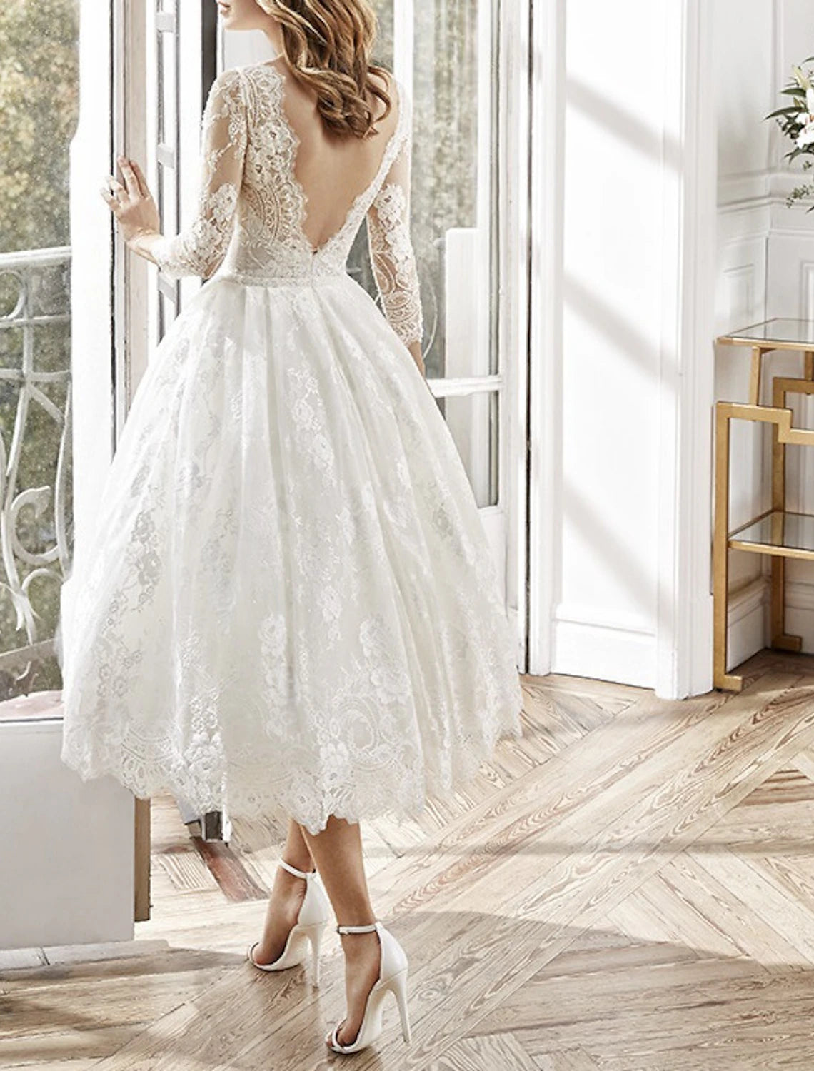 Wholesale A-Line Party Dresses Floral Dress Wedding Guest Homecoming Tea Length Long Sleeve Jewel Neck Polyester Backless with Appliques